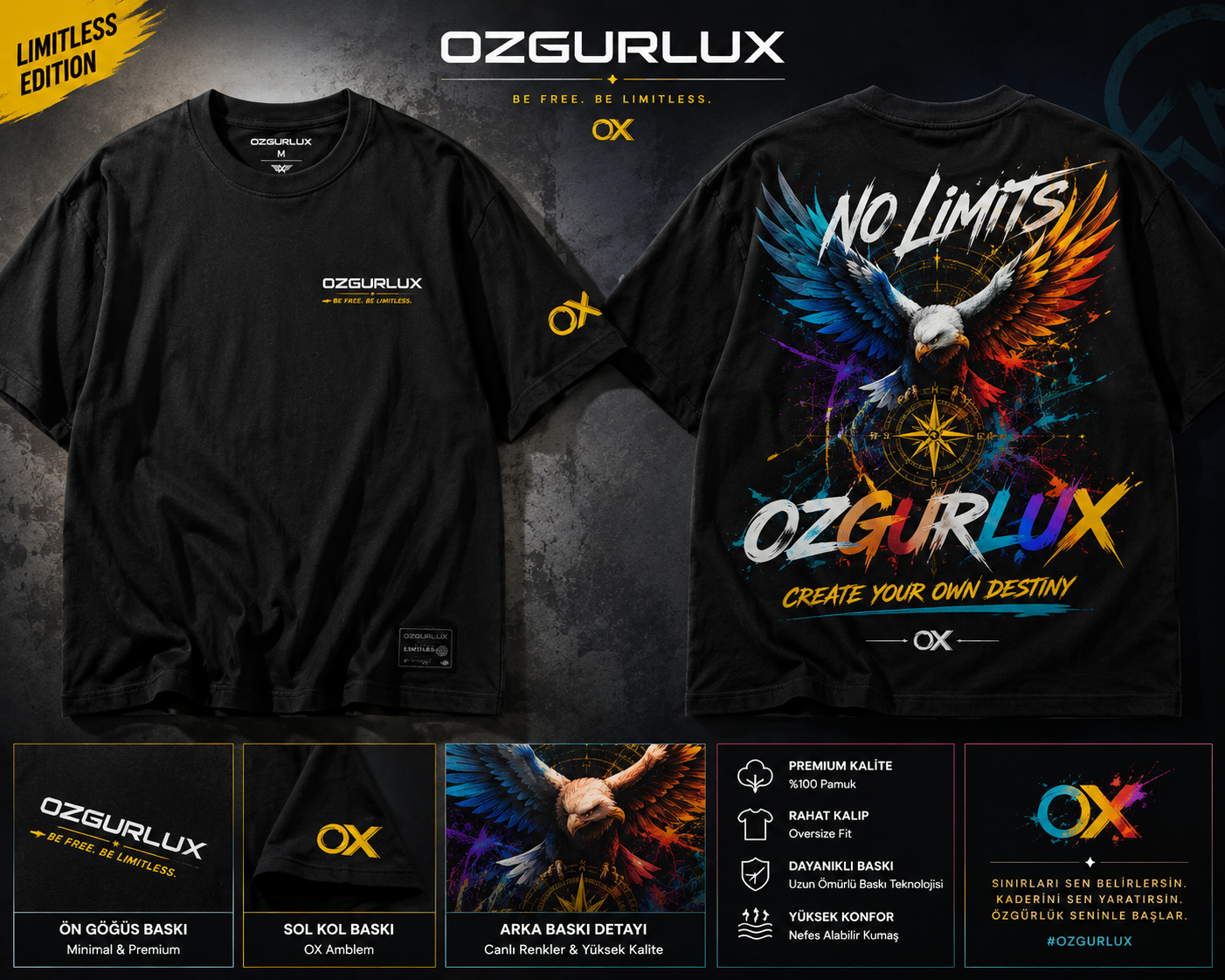 OZGURLUX "No Limits" Collection – Premium Oversize Cotton T-Shirt